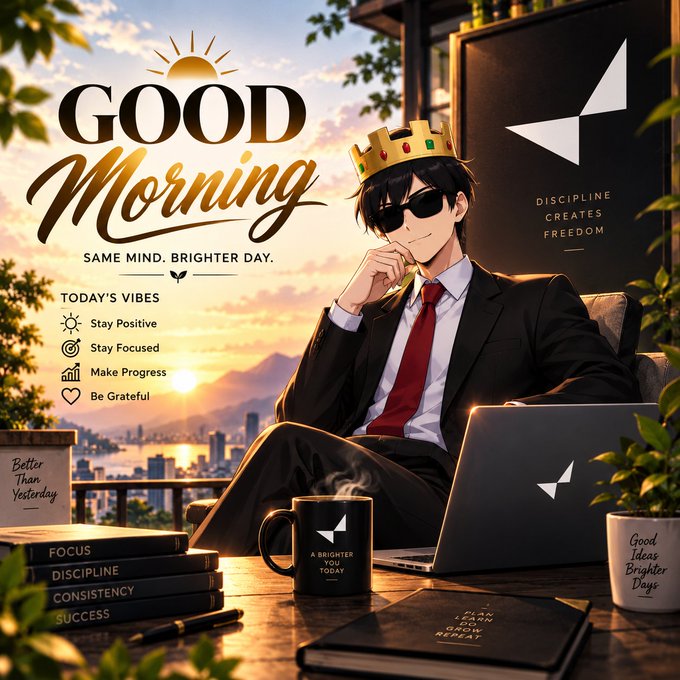 An illustrated 'Good Morning' graphic featuring an anime-style man in a suit, sunglasses, and a crown, seated with a laptop and coffee mug, with motivational text like 'SAME MIND, BRIGHTER DAY' and 'DISCIPLINE CREATES FREEDOM'.