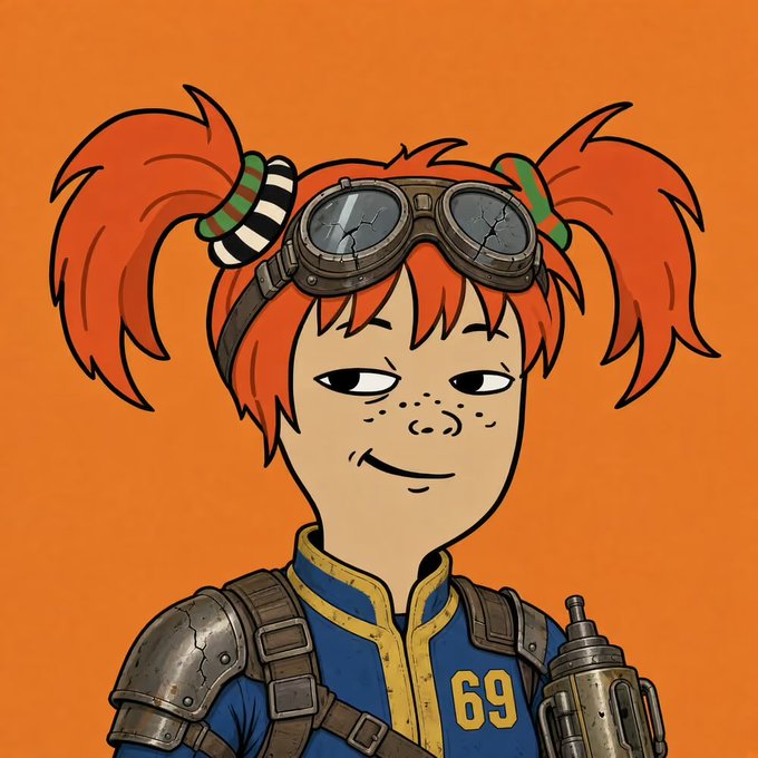 A cartoon-style illustration shows a redheaded character with freckles, cracked goggles, pigtails tied with striped bands, wearing a blue and yellow Vault suit with "69" printed on it, and holding a small gadget. The image visually represents an NFT minted from "WenTendys," showing the quirky, stylized art style characteristic of crypto collectibles.

Key visible text/numbers: "69"
