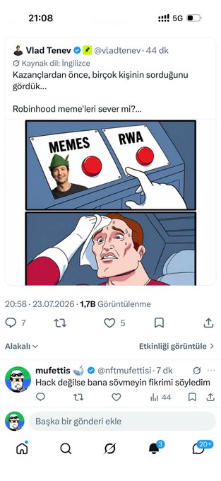 A Turkish-language X post by Vlad Tenev (@vladtenev) discussing language preferences with a meme depicting a 'MEMES vs RWA' choice.