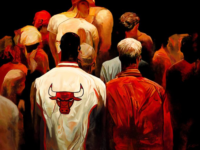 An artistic painting depicts a crowd of people from behind, with one person wearing a white shirt featuring the red Chicago Bulls logo prominently displayed.