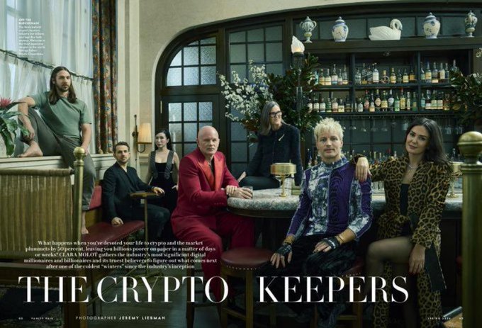 A Vanity Fair magazine spread titled 'THE CRYPTO KEEPERS', photographed by Jeremy Liebman, featuring a group portrait of cryptocurrency industry figures in a bar setting.
