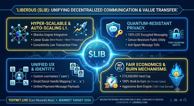 The promotional graphic showcases "LIBERDUS ($LIB): Unifying Decentralized Communication & Value Transfer," highlighting four key features: hyper-scalable L1 infrastructure with Shardus integration, quantum-resistant privacy with 100% E2E encrypted messaging, unified UX and identity, and fair economics with a 210 million hard cap, 100% work-to-earn mining, and a burn engine. The "Testnet Live" and "Mainnet Target 2026" banners at the bottom reinforce the post's message that $LIB combines payment and chat functionality to create the missing Web3 layer where transactions come with meaningful context.