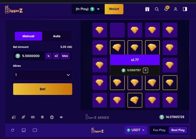 A screenshot of a "BiggerZ" Mines gambling game interface showing a 5x5 grid of gems, a bet amount of 5.09 USD, and a current multiplier of x1.77.