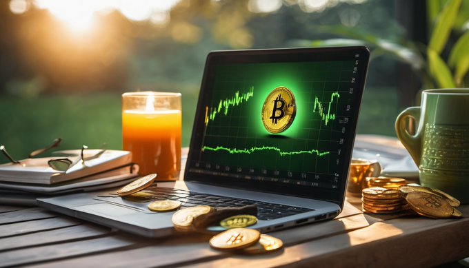 A laptop on an outdoor table displays a Bitcoin chart and logo, surrounded by gold Bitcoin tokens, a glass of orange juice, a green mug, and glasses.