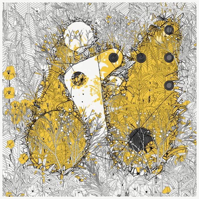 A stylized illustration of two yellow geese or bird-like figures rendered with intricate line work and mechanical details, set against a detailed grayscale foliage background with yellow accents. The artwork relates to the post as the collector/artist celebrates a community-driven project while referencing a specific piece ("goose #24") minted on the bootloader_art platform, suggesting this image may depict that minted artwork or a similar design from the collection.