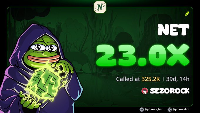 A Pepe-style frog mascot in a purple hoodie clutches glowing cash in front of a swamp background, with text promoting "$NET" reaching "23.0X" and being called at "325.2K" by "SEZOROCK," illustrating the strong gains referenced in the post about its potential to "100X."