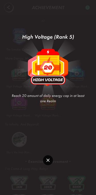 A "High Voltage (Rank 5)" achievement badge is displayed, requiring the user to "Reach 20 amount of daily energy cap in at least one Realm," representing a new milestone unlocked in the STEPN app.