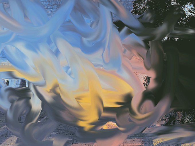 An abstract digital artwork features swirling, fluid shapes in shades of blue, yellow, and dark gray, set against a textured background.