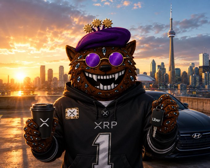 An AI-generated illustration of a werewolf character wearing a beret, sunglasses, and an XRP jacket, holding an XRP-branded coffee cup and keys with the Toronto skyline at sunset in the background.