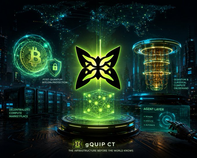 A promotional graphic for 'gQUIP CT' with the tagline 'THE INFRASTRUCTURE BEFORE THE WORLD KNOWS,' showcasing a green butterfly logo with features like post-quantum Bitcoin protection, decentralized compute marketplace, and an agent layer.