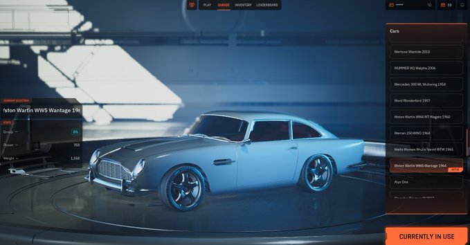 A car selection screen from a video game displays an Aston Martin DB5 Wantage 1964, with a car list on the right showing various vehicles like the Nissan Skyline GT-R V-Spec II Nür '02.