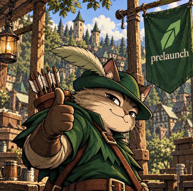 An illustration of a cat-like character dressed as a Robin Hood-style archer giving a thumbs-up, with a green flag bearing the 'prelaunch' logo visible in the background.