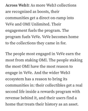 A text excerpt discussing Web3 tokenomics, reading: 'Across Web3: As more Web3 collections are recognized as boosts, their communities get a direct on-ramp into VeVe and OMI Unlimited...'