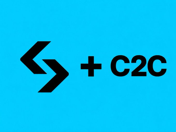 A simple graphic with a bright blue background displaying a black logo combining code brackets '<>' with a plus sign and the text 'C2C'.