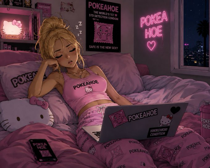 The image depicts an anime-style blonde woman in pink "POKEAHOE" pajamas lounging sleepily on a Hello Kitty-themed bed while using a laptop, surrounded by pink neon signage reading "POKEAHOE — THE WORLD'S 1ST STD DETECTION CONDOM" and "POKEA HOE." This ties directly to the post's "$POKEAHOE" ticker reference, suggesting it's promotional artwork for the meme cryptocurrency.