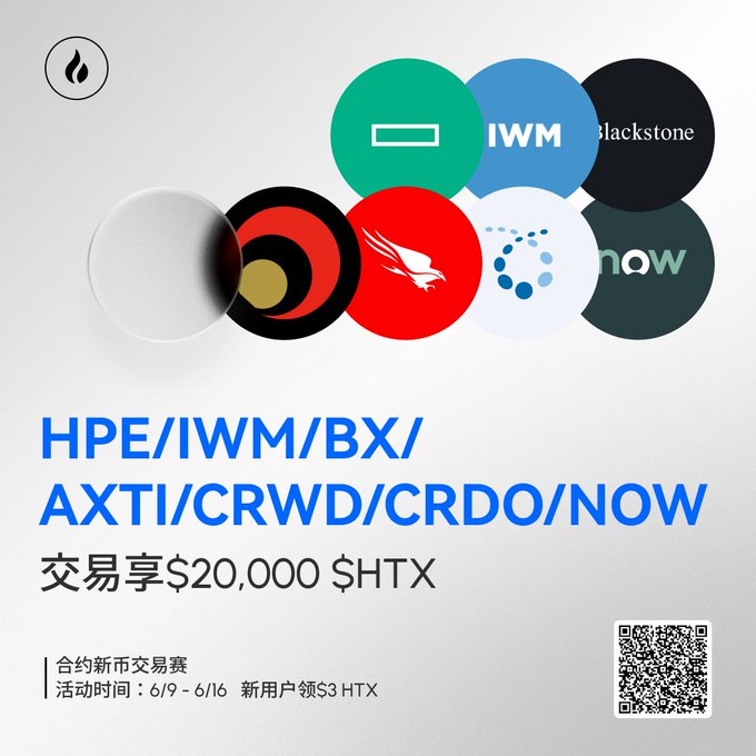 The image features an advertisement for a competition with an emphasis on stock trading, advertising multiple cryptocurrencies including US stock contracts as well as the Russell 2000 ETF. The competition offers a prize pool of 20,000 dollars to the winner who can trade these digital assets efficiently. The post is in both Chinese and English, targeting a global audience interested in cryptocurrency and financial markets.