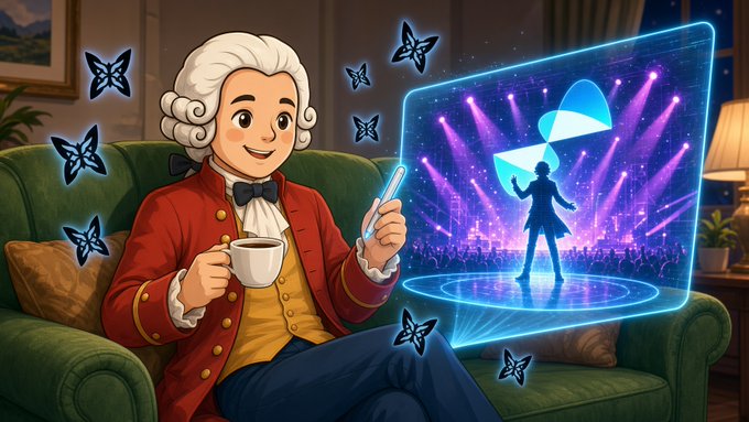 A cartoon figure in 18th-century attire (powdered wig, red coat, bow tie) sits on a green couch holding a teacup while using a stylus to interact with a glowing holographic concert stage displaying a performer under stage lights and a blue butterfly logo, surrounded by floating butterflies.

The image visually mirrors the post's theme of catching a live music performance ("Converge replay") from the comfort of home with coffee in hand, while the stylus and holographic interface evoke the crypto/Web3 ("$QUIP") and "wrapping keys" concepts mentioned in the caption.