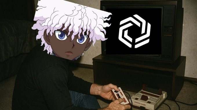 A humorous photo edit combining an anime character's head with a real person playing a vintage Nintendo Family Computer (Famicom) console, with the TV displaying a logo.