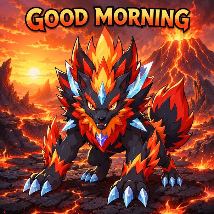 A vibrant digital illustration shows a fierce black and orange wolf-like creature with glowing yellow eyes and blue crystal claws standing on a volcanic landscape, with "GOOD MORNING" text at the top.