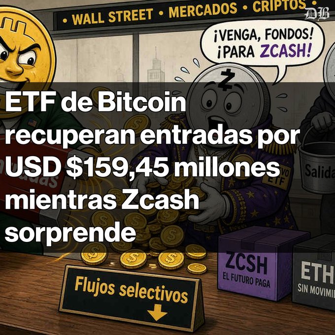 A cartoon illustration shows Bitcoin, Zcash, and other cryptocurrencies with a header reading 'WALL STREET • MERCADOS • CRIPTOS', overlaid with Spanish text: 'ETF de Bitcoin recuperan entradas por USD $159,45 millones mientras Zcash sorprende' and a 'Flujos selectivos' sign.