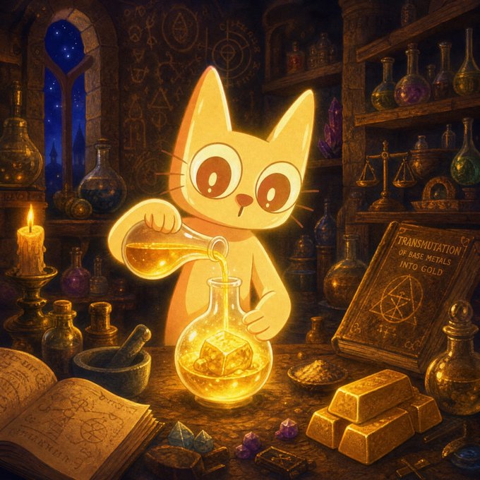 A cute glowing orange cat-potion master carefully pours a shimmering elixir onto a golden block in a wizard's workshop filled with bottles, candles, and a dusty tome titled "TRANSMUTATION OF BASE METALS INTO GOLD."

The image humorously visualizes the poster's claim about selling $CETS tokens—portraying each sale as an alchemical ritual that transmutes holdings into pure gold, implying profits flow directly into the poster's wallet.