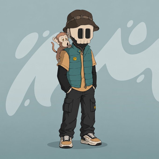 A cartoon character with a skull mask, bucket hat, teal puffer vest, black cargo pants, and tan sneakers, with a small monkey on their shoulder.