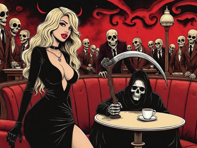 A comic-style illustration shows a blonde woman in a black dress and a hooded Grim Reaper seated at a café table, with red tentacles and a crowd of suited skeletons in the background.