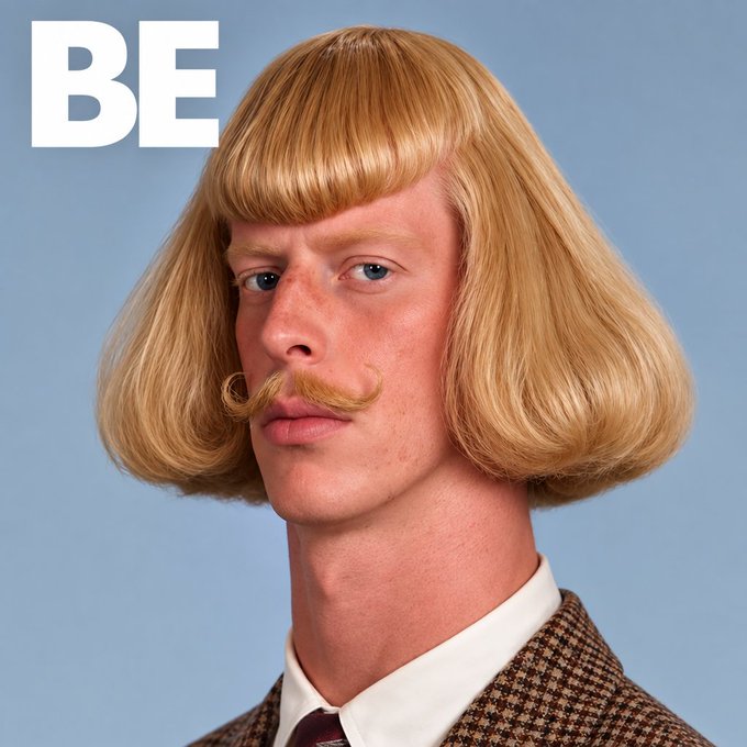 A portrait of a man with a bowl-cut blonde wig and curled handlebar mustache, with the text "BE" in the upper left corner against a light blue background. The accompanying post about product quality and personal investment in a collection pairs with the image's likely reference to the British retail brand Beales, playing on the bold "BE" branding.