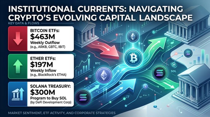 An infographic titled 'INSTITUTIONAL CURRENTS: NAVIGATING CRYPTO'S EVOLVING CAPITAL LANDSCAPE' showing Bitcoin ETFs at $463M weekly outflow, Ether ETFs at $197M weekly inflow, and a Solana Treasury $300M program.