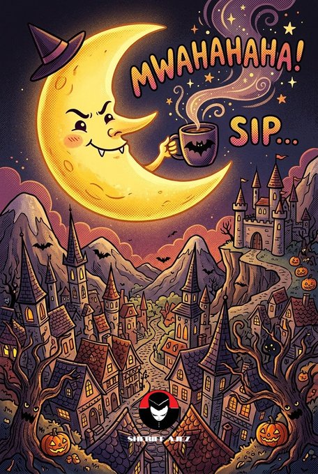 A Halloween-themed cartoon illustration featuring a smiling crescent moon with a witch hat holding a steaming mug, with text "MWAHAHAHA!" and "SIP..." above a spooky village landscape.