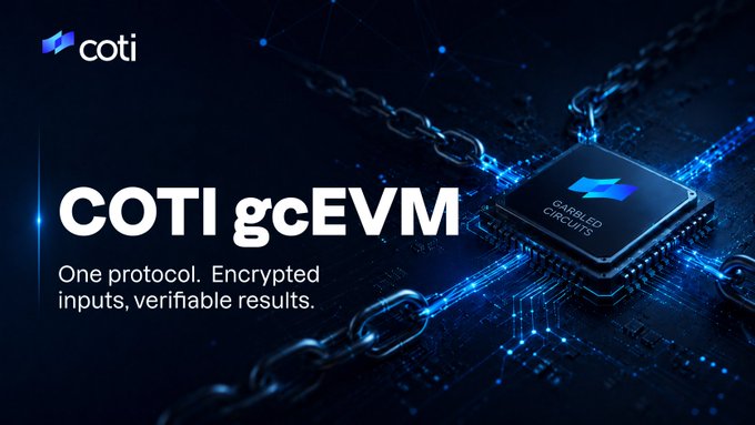 A promotional graphic for COTI gcEVM featuring a microchip and chains with the tagline 'One protocol. Encrypted inputs, verifiable results.'
