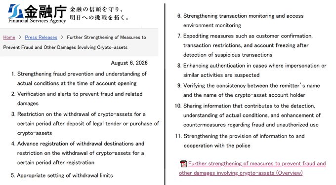 The image shows a press release from Japan's Financial Services Agency (金融庁) dated August 6, 2026, titled "Further Strengthening of Measures to Prevent Fraud and Other Damages Involving Crypto-assets," outlining 11 specific regulatory measures including fraud prevention at account opening, withdrawal restrictions, destination pre-registration, and enhanced cooperation with police. The official announcement directly aligns with the accompanying post about Japan's stricter crypto anti-fraud rules, confirming the mandatory cooling-off periods, pre-registered withdrawal destinations, and faster account freezes mentioned as new measures being implemented to combat crypto-related fraud.