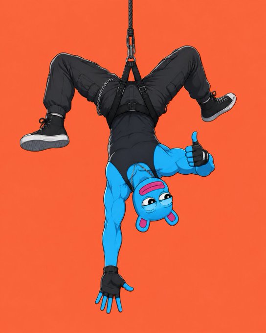 An illustration of a blue cartoon character hanging upside down from a bungee cord, wearing black clothing and shoes, giving a thumbs-up against an orange background.