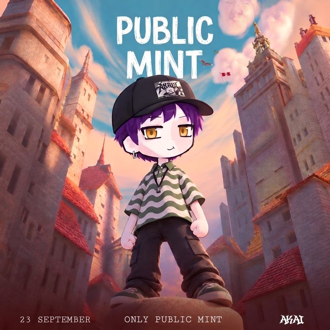 A chibi-style purple-haired character wearing a black cap, striped shirt, and cargo pants stands before a fantastical medieval cityscape, promoting AKAI's "PUBLIC MINT" event launching "23 SEPTEMBER" as noted by the "ONLY PUBLIC MINT" text at the bottom.