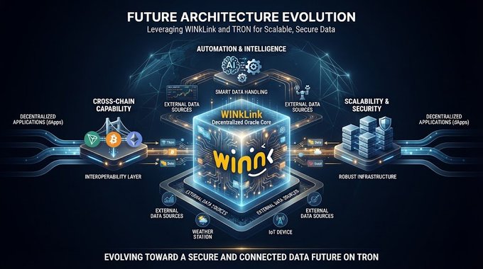 A futuristic digital graphic titled 'FUTURE ARCHITECTURE EVOLUTION: Leveraging WINkLink and TRON for Scalable, Secure Data,' showcasing a central 'WINkLink Decentralized Oracle Core' cube surrounded by features like 'Automation & Intelligence,' 'Cross-Chain Capability,' and 'Scalability & Security,' with the tagline 'EVOLVING TOWARD A SECURE AND CONNECTED DATA FUTURE ON TRON' at the bottom.