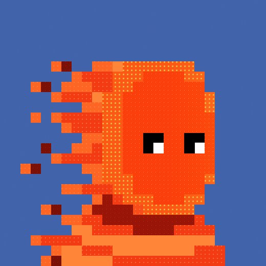 A pixel art portrait of a stylized orange figure with trailing pixels against a blue background, featuring black eyes with white highlights.