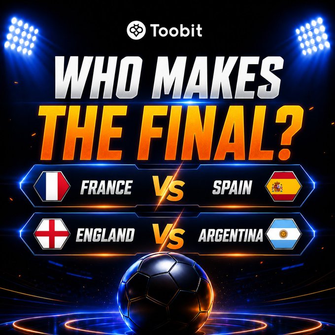 The image is a Toobit-branded promotional graphic titled "WHO MAKES THE FINALS?" featuring matchup predictions of France vs Spain and England vs Argentina, with a soccer ball and stadium lights. It serves as a visual lead-in to announce that two participants correctly predicted the finalists in a betting/prediction contest and will each receive 10 USDT in rewards.