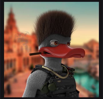A grey duck character with a tall brown mohawk, red beak holding a cigar, and wearing tactical gear, set against a Venetian canal backdrop, celebrating the "UGLYDUCKLABZ" NFT collection's milestone of surpassing 1,000 mints.