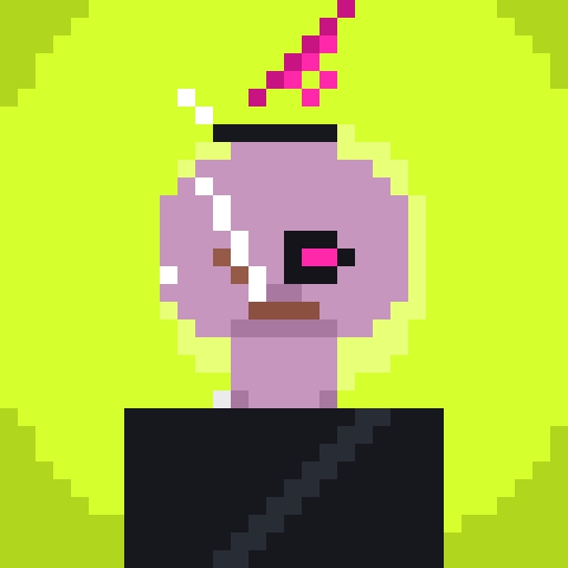 A pixel art image displays a gray character with a red and pink mohawk and a black eye patch against a bright yellow-green background.