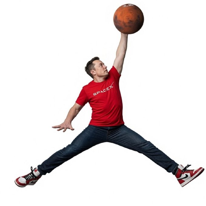 A man in a red SpaceX t-shirt, jeans, and red sneakers leaping in a wide split while holding a ball resembling Mars in one raised hand.