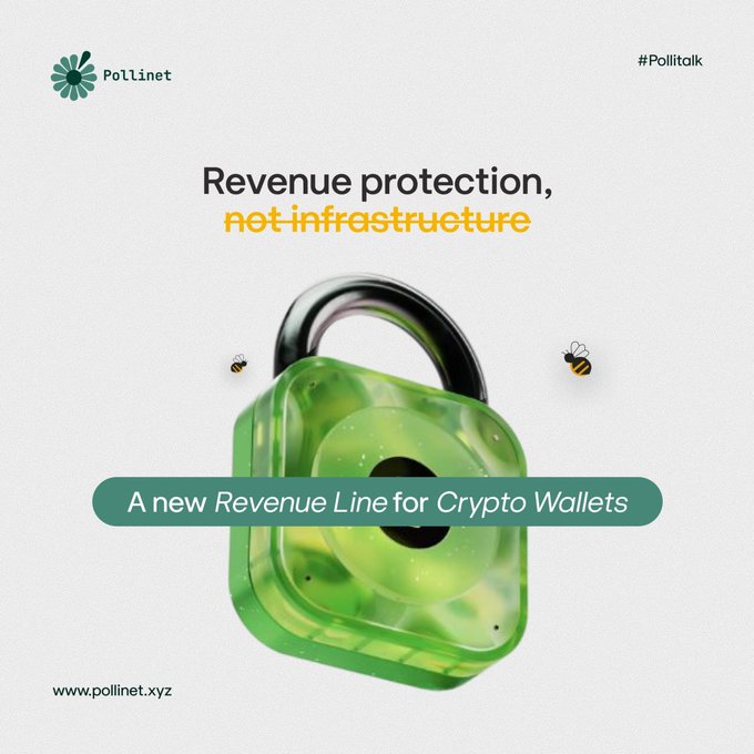 The image features a green lock with a black handle, which has a message about cryptocurrency protection written above it. The text reads "Revenue protection, not infrastructure" and "A new revenue line for crypto wallets", indicating that Pollistem is offering a solution for protecting users' funds in the world of cryptocurrencies.