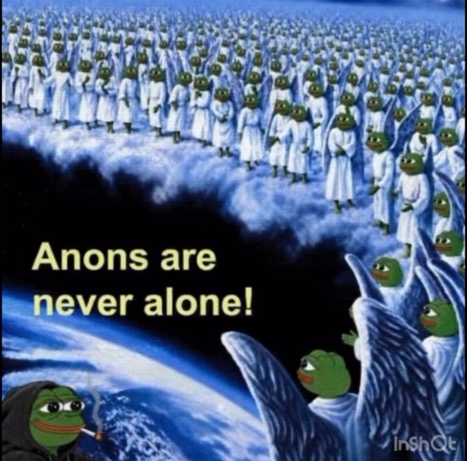 The image shows a Pepe the Frog meme depicting a massive army of angel-Pepe figures in heaven with the text "Anons are never alone!", and a Pepe smoking a cigarette watching over them from Earth—relating to the "gm frens" (good morning friends) post by emphasizing that anonymous online friends (anons) are always together, even in the afterlife.