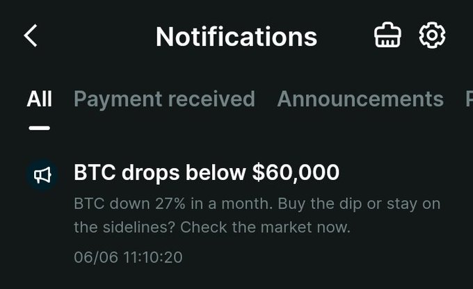 The image features a text-based conversation about Bitcoin (BTC) falling below $60,000 with a caption reading "Bitcoin has dropped below $60,000". There are various opinions being expressed by individuals discussing whether this drop signifies the end of the cryptocurrency era or if it's merely a temporary phase. The post also suggests that Bitcoin might take around 2 years to recover and reach its previous value, which is $126,000 according to some commentators.