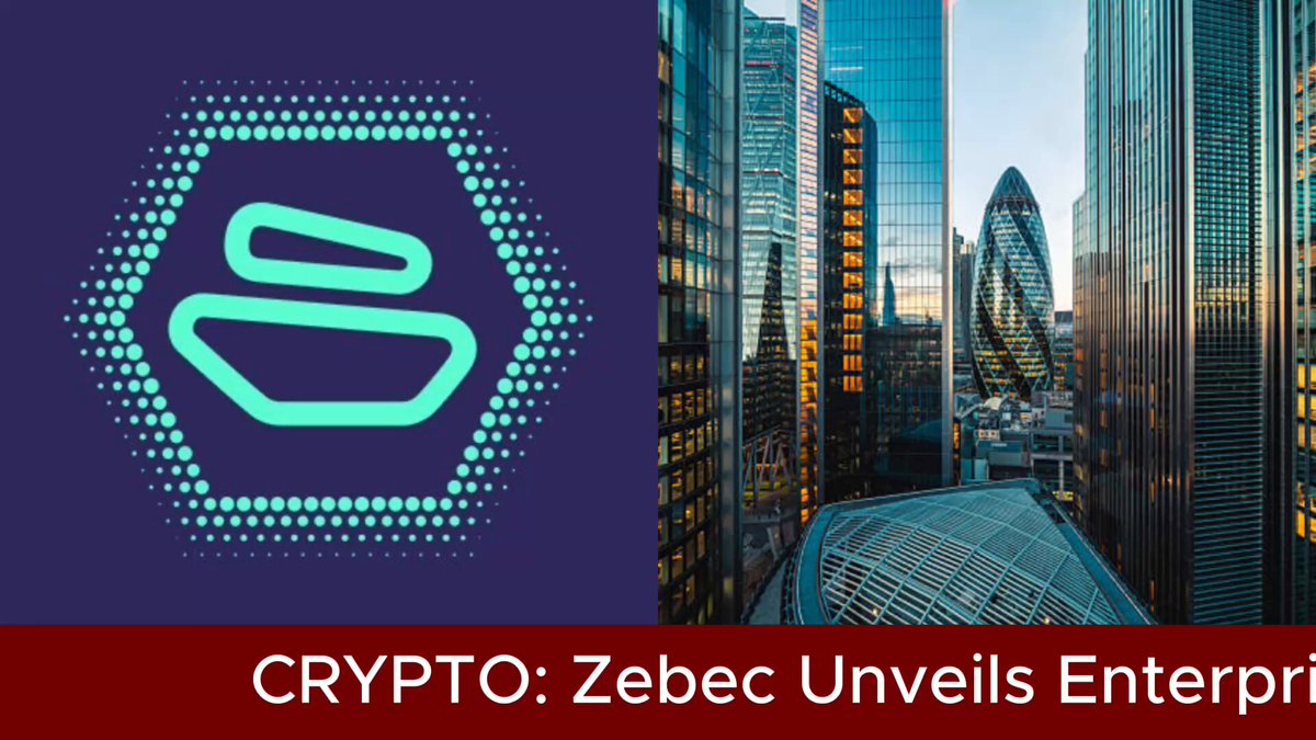 The image features a logo of a hexagon with two blue circles inside, accompanied by text that reads "Crypto::Zebec Unveils All-New Enterprise Platform For Global Streaming Payroll Management @Zebec_HQ officially debuts Zebec Enterprise". The background of the image is filled with buildings and skyscrapers.
