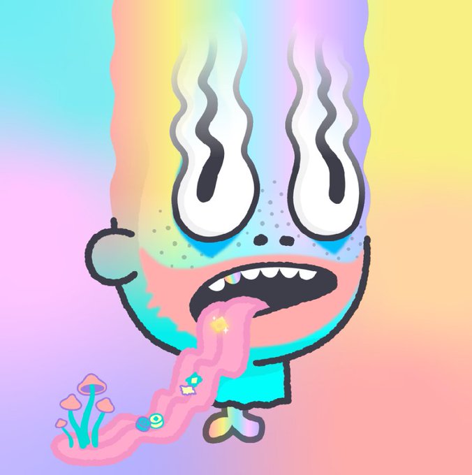 A colorful, psychedelic cartoon illustration of a surreal character with flame-like eyes and a wide mouth, dripping pink liquid from its tongue onto glowing mushrooms.