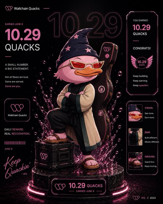 The image features an illustration of a duck standing on a platform, wearing sunglasses and holding a guitar. The background of the image is black with pink and white elements that create a visually striking contrast. The text "ONE FULL WEEK OF DOUBLE-DIGIT DOMINANCE ON @wallchain" is prominently displayed in the image. This suggests that there has been a week-long streak of double-digit dominance, possibly related to the post or the artist's work.