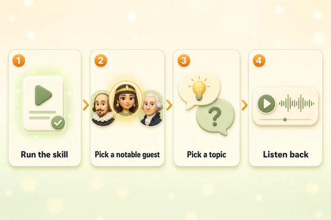 The image shows an interactive game that allows users to engage with famous historical figures such as Shakespeare, Cleopatra, and George Washington. The game features four stages, each representing a different aspect of the characters' lives or their roles in history. Users can choose one character from these options and follow the instructions provided by the game to progress through the stages. At the end of each stage, there is an option for the user to listen back to a conversation they had with that particular character. The post suggests that this interactive experience allows users to learn more about these historical figures while having fun.