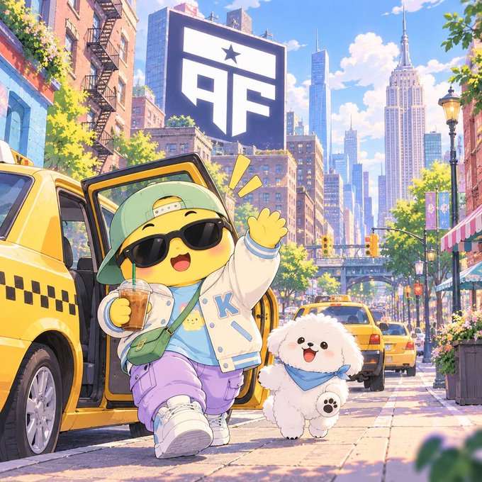 A cartoon mascot character wearing a green cap, sunglasses, and a varsity jacket waves next to a small white dog on a city sidewalk, with an 'AF' logo displayed on a nearby building.