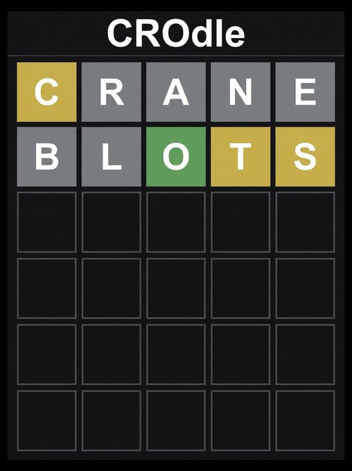 The image shows a CROdle (CRO cryptocurrency word puzzle) game board where two rows have been filled in: "CRANE" and "BLOTS," with the letter "O" highlighted in green indicating it's in the correct position, while other letters appear in yellow (wrong position) and gray (not in the word). The puzzle illustrates an ongoing attempt at solving the daily CROdle challenge referenced in the post.