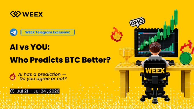 A vibrant yellow WEEX promotional banner titled "AI vs YOU: Who Predicts BTC Better?" featuring a person at a desk analyzing green candlestick charts, promoting a Telegram exclusive event running Jul 21 – Jul 24, 2026, where users share their BTC breakout predictions via #WEEXAI-BTCBreakoutPrediction for a chance to win among 20 prizes of 5 USDT each.

The image visually reinforces the post's challenge by depicting the AI-vs-human prediction showdown, with the "OMG" speech bubble and trophy symbolizing the excitement of forecasting Bitcoin's next move after its $66K reclaim.